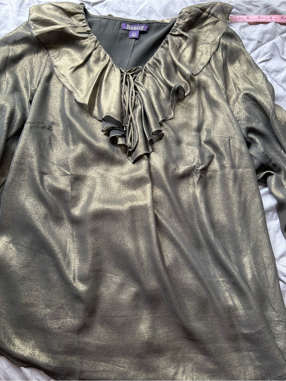 Roaman's Metallic Olive Gold Ruffle V-Neck Blouse 20W